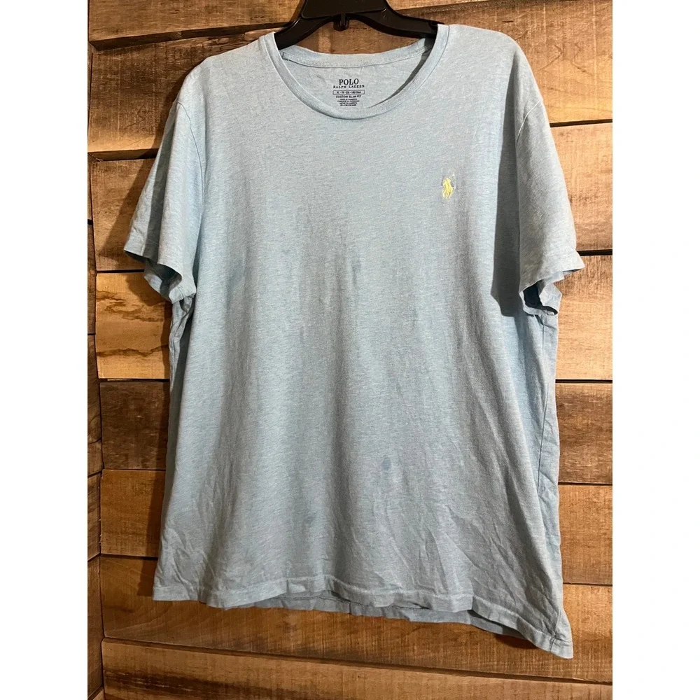 Polo Ralph Lauren Mens XL Custom Slim Fit T-Shirt Light Blue Heather Yellow Pony